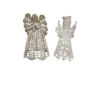 Vtg Handcrafted Angel White Crochet Starched Christmas Tree‎ Ornament Set Of 2